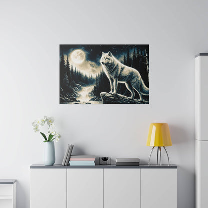 Canvas art of a gray wolf standing on rocks by a moonlit forest and river at night.