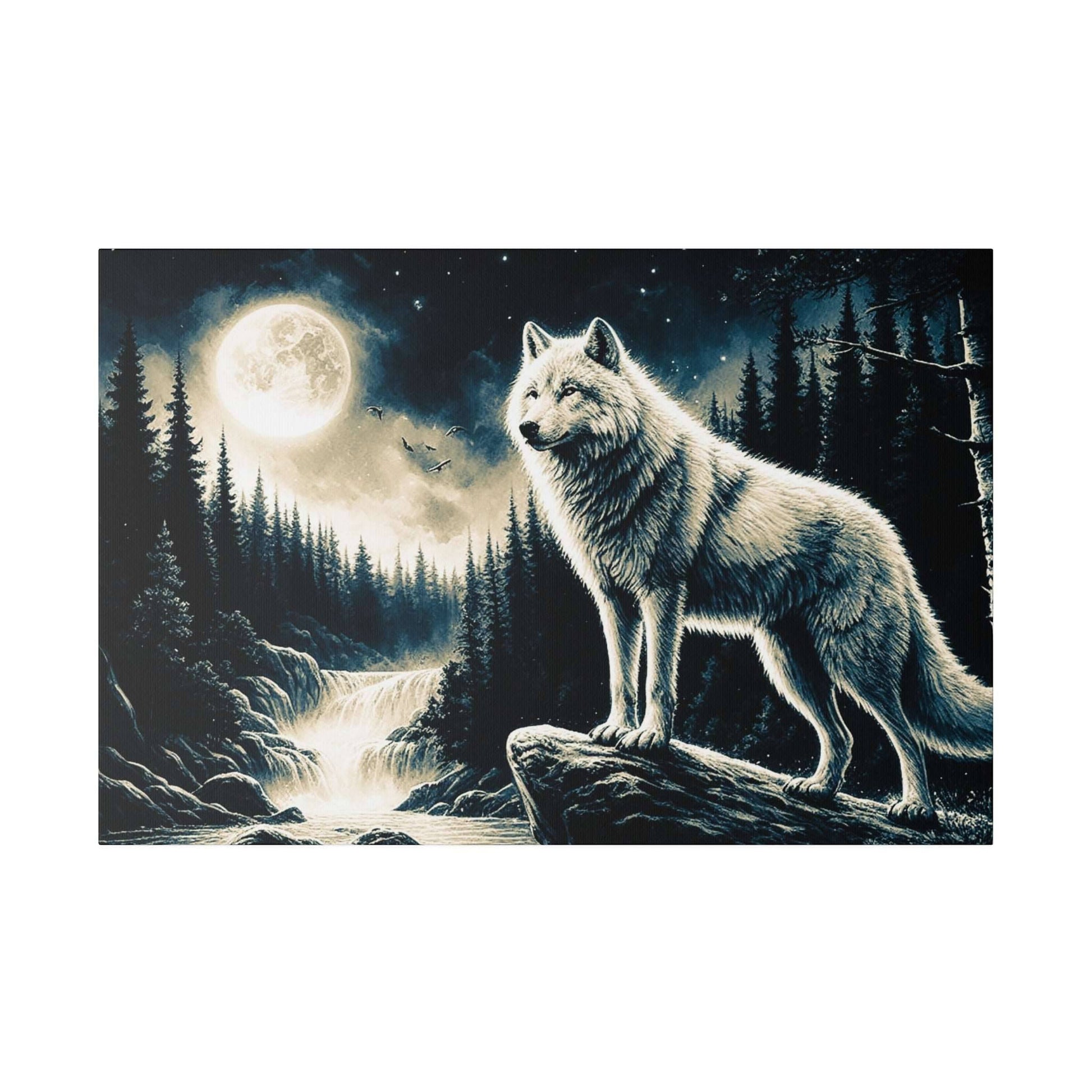 A white wolf stands on a rocky outcrop beside a moonlit forest and waterfall under a full moon.