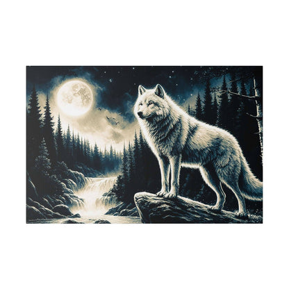 A white wolf stands on a rocky outcrop beside a moonlit forest and waterfall under a full moon.