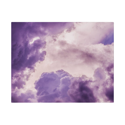 Purple-tinted sky filled with soft, billowing clouds in varying shades of purple.