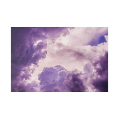 Purple and pink clouds fill a dramatic sky with soft, gradient hues.