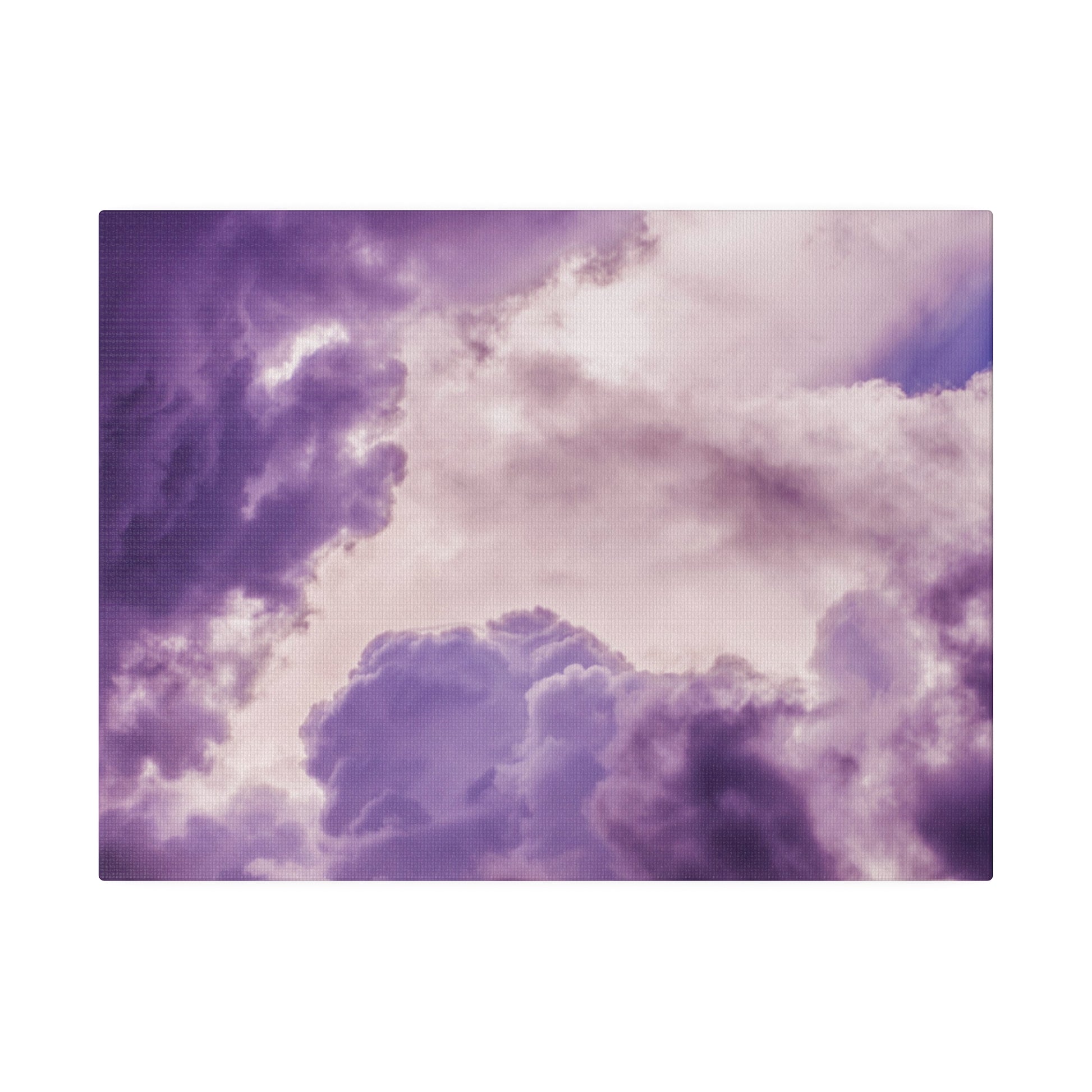 Square canvas print showing a purple, pink, and lavender cloudy sky with soft, billowy clouds.