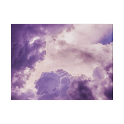 Square canvas print showing a purple, pink, and lavender cloudy sky with soft, billowy clouds.