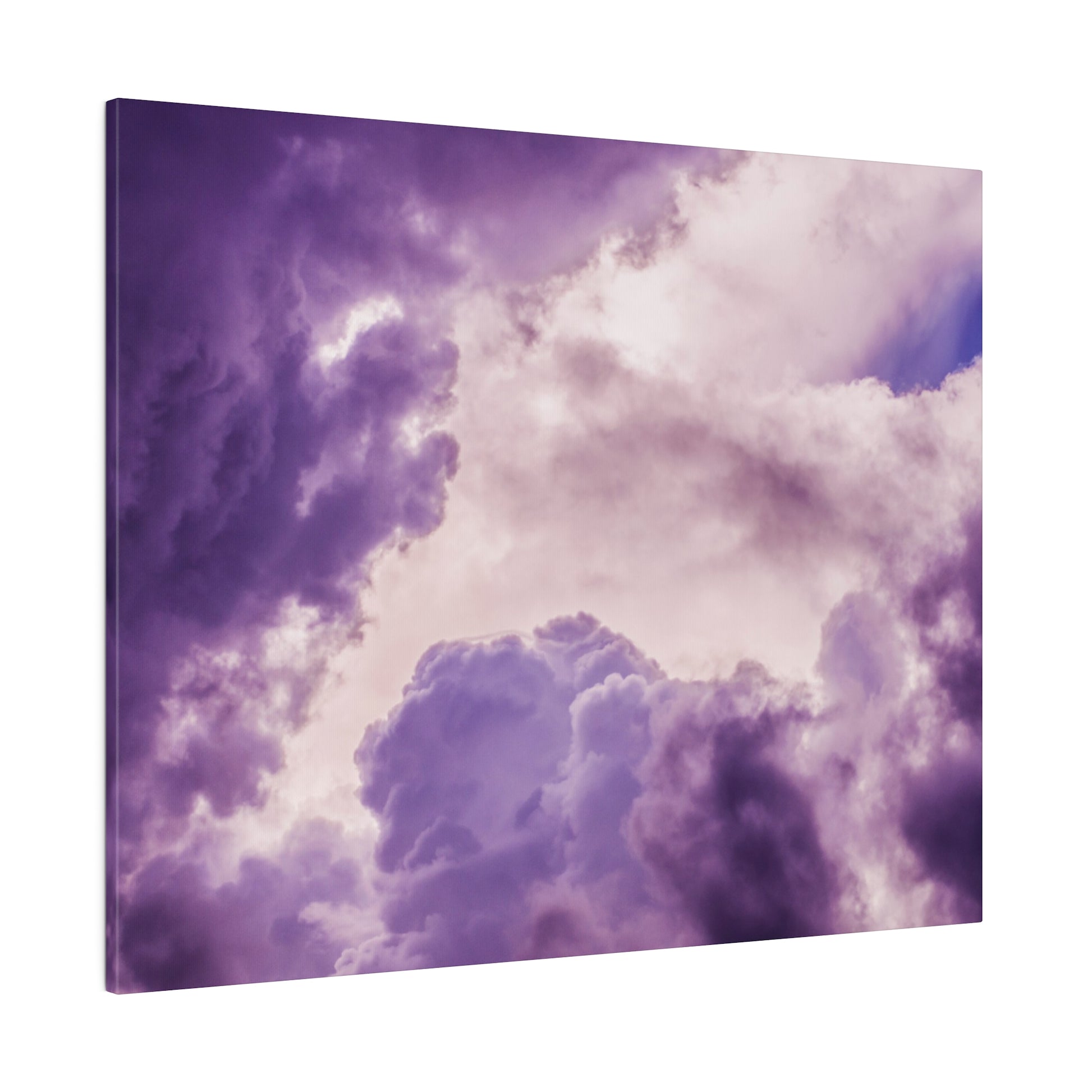 Square canvas print of a purple and lavender cloudscape with billowy cumulus clouds and a soft gradient sky.