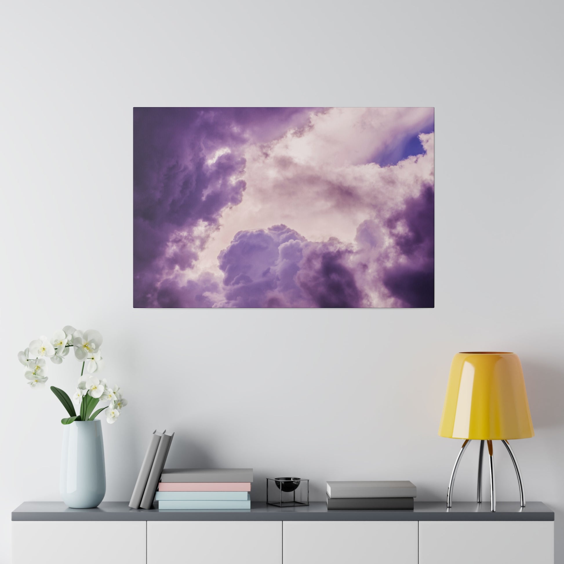 Rectangular wall art featuring a purple and pink cloudy sky with soft, dramatic clouds.