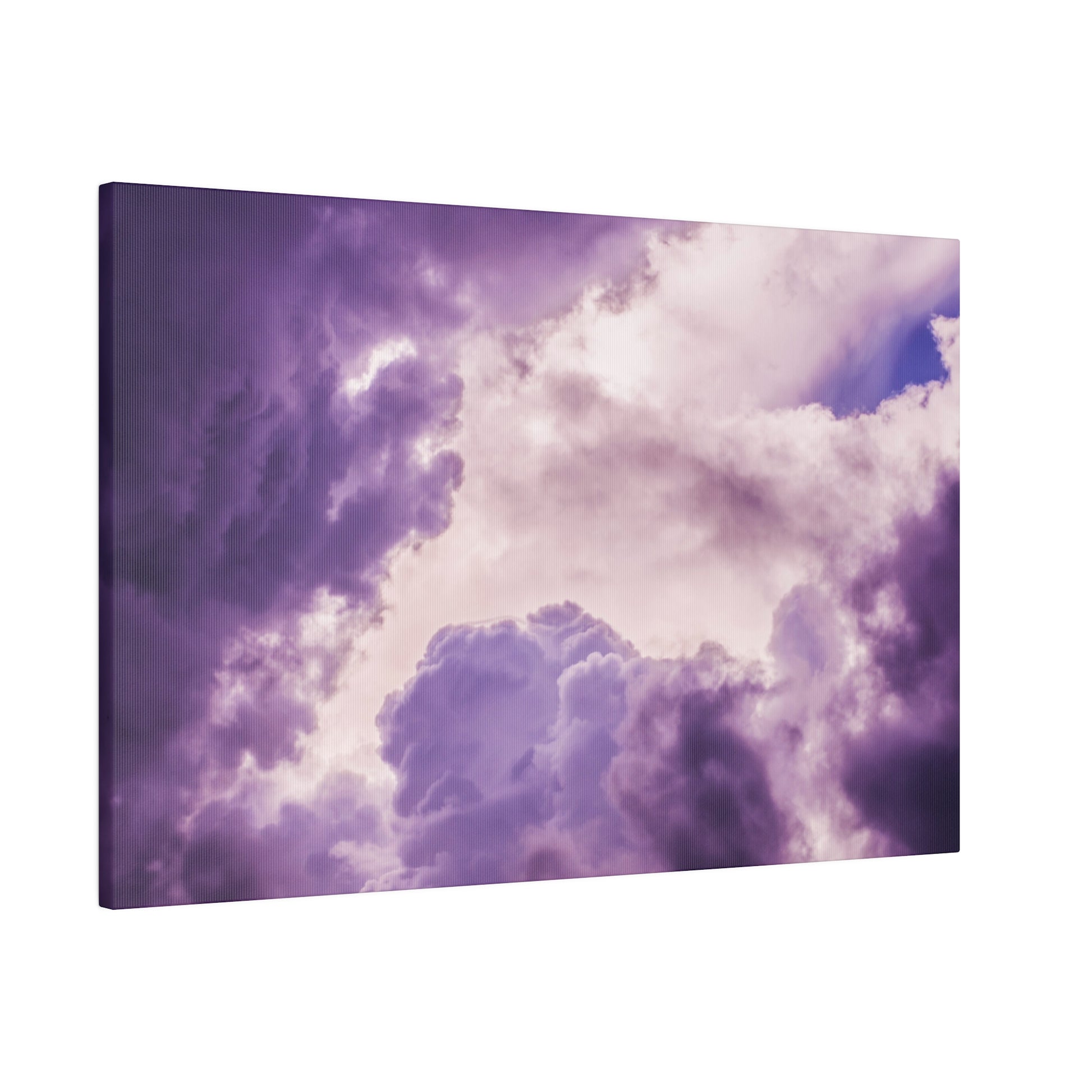 Purple-toned cloudscape on a rectangular canvas print, featuring white and lavender clouds.