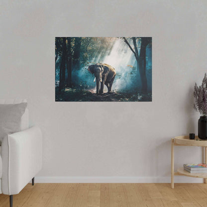 Canvas print of a gray elephant standing in a sunlit forest with light beams filtering through trees.