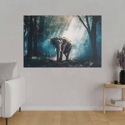 Canvas print of a lone elephant standing in a sunlit forest with rays breaking through trees.