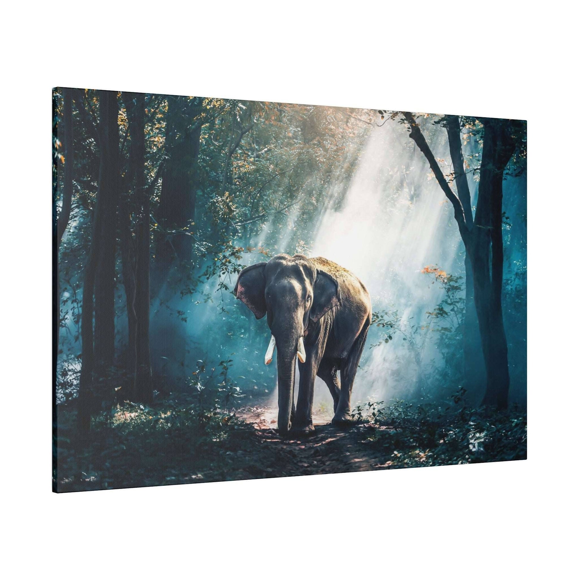A gray elephant walking through a sunlit forest with rays of light streaming through trees.