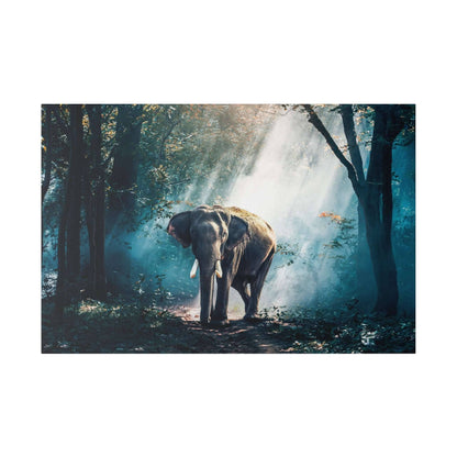 Elephant standing in a sunlit forest, with rays breaking through trees on a canvas print.