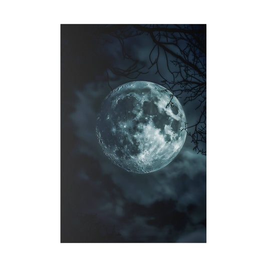 A large blue-tinted full moon against a dark night sky with bare tree branches in the foreground.