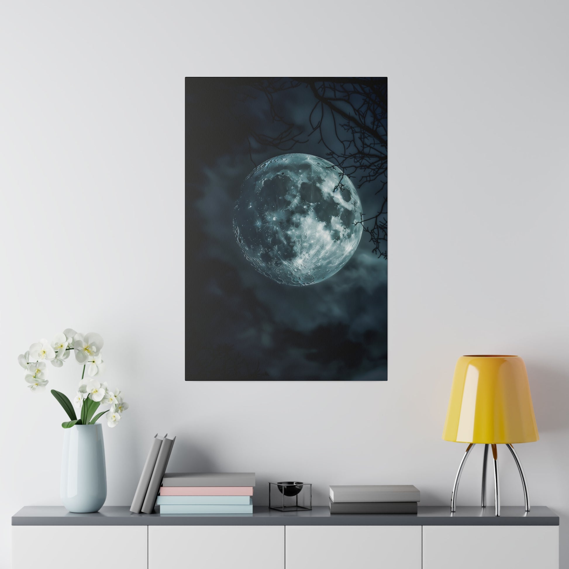 Vertical wall poster showing a bright full moon in a dark blue night sky with bare tree branches.