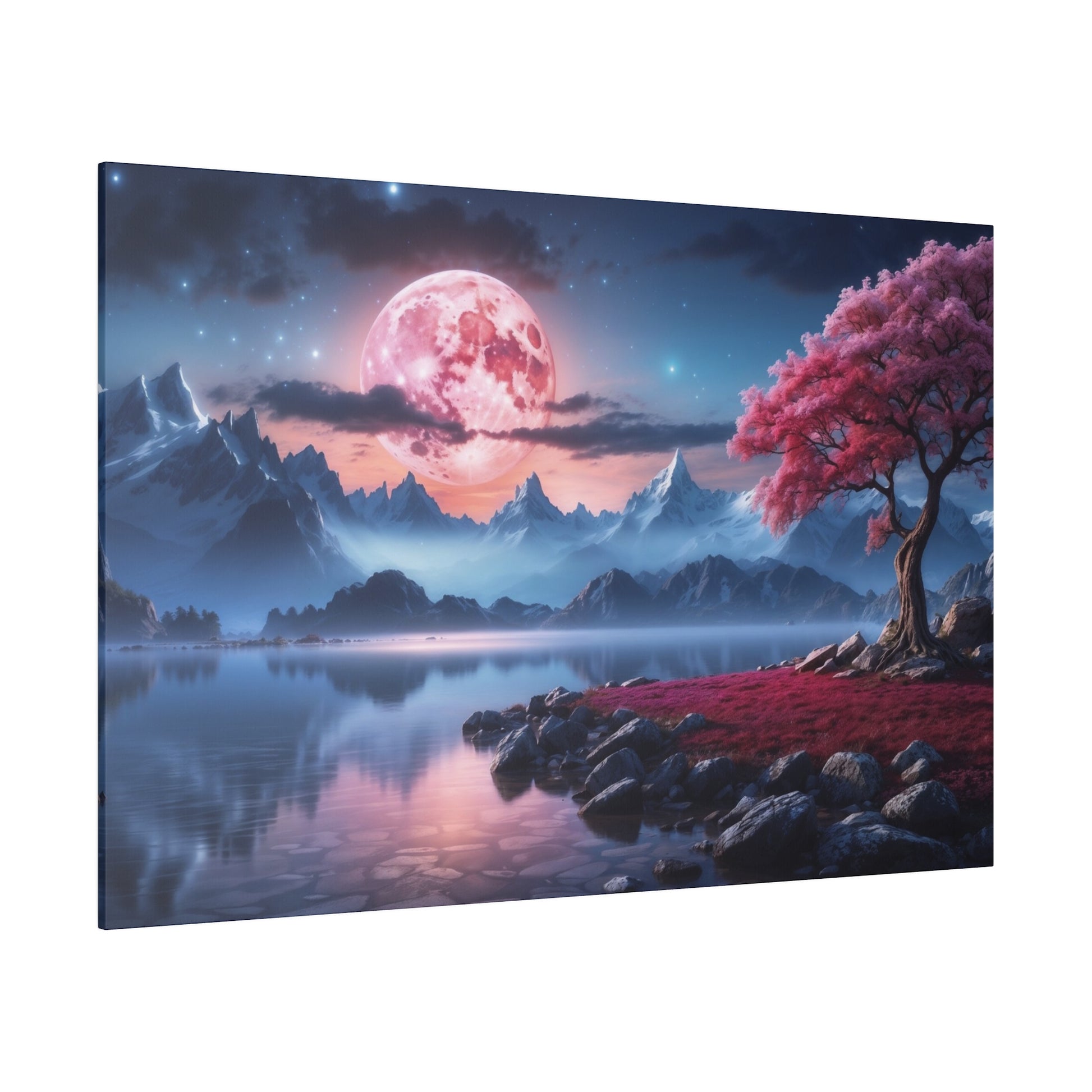 Landscape with a pink moon over blue mountains, a calm lake, rocky shore, and a pink-leaved tree on the right.