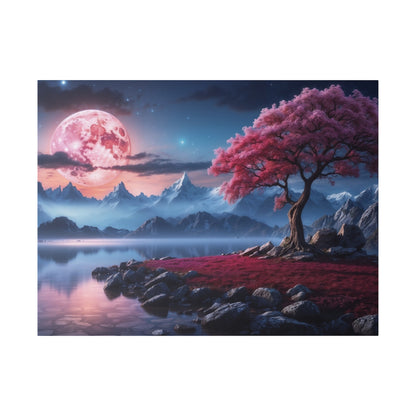 A surreal landscape with a pink full moon over snow-capped mountains, a pink-leaved tree by a reflective lake, and a rocky shoreline.