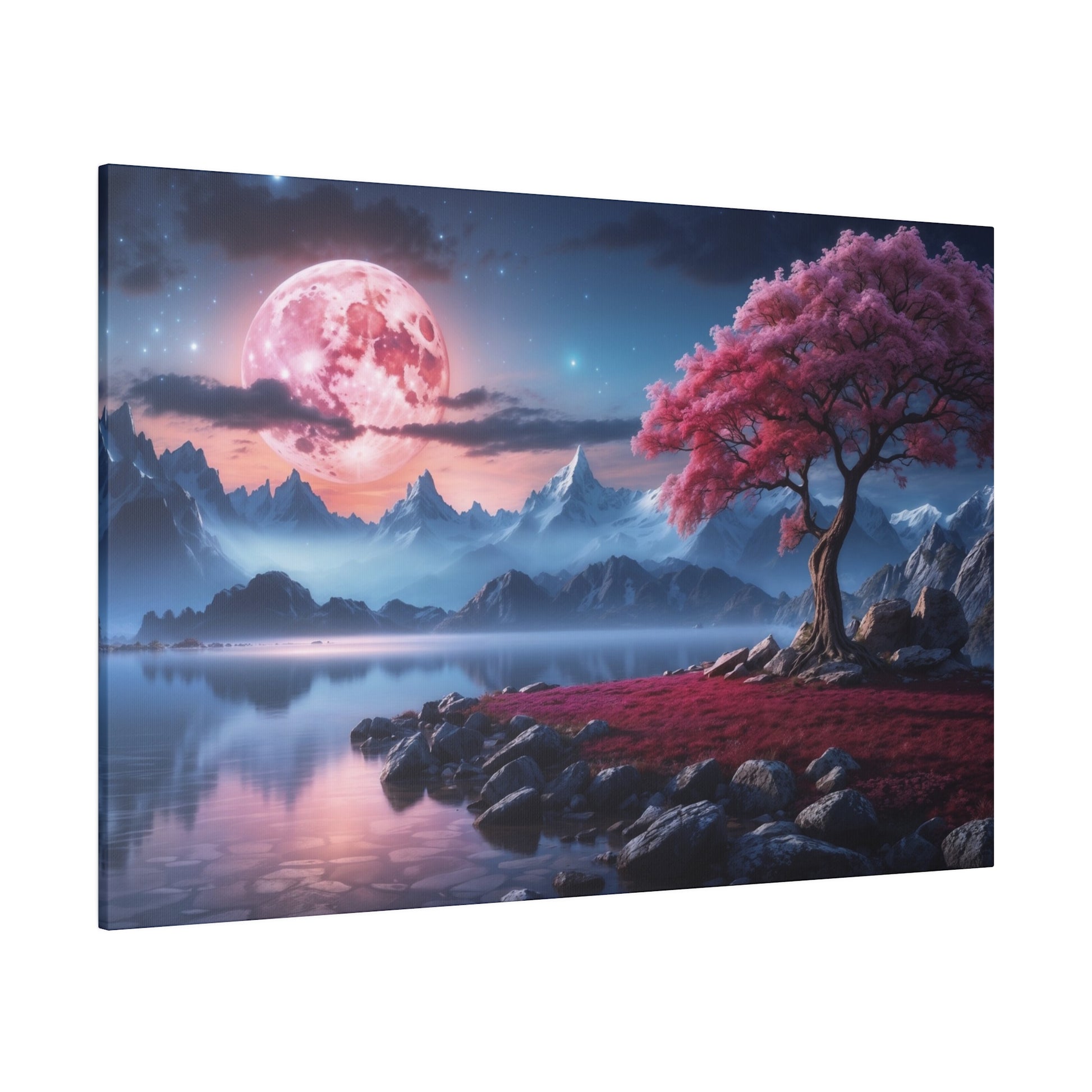 A landscape art print showing a pink full moon over blue mountains, a calm lake, and a pink flowering tree on rocky shore.
