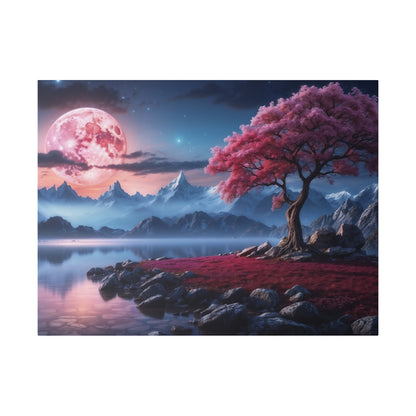 A fantasy landscape with a pink moon, blue mountains, and a pink-leaved tree beside a calm lake on a rocky shore.