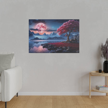 Framed fantasy landscape wall art showing a pink full moon over blue mountains, a reflective lake, and a pink-leaved tree on a rocky shore.