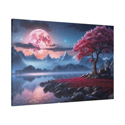 A surreal landscape with a pink moon over jagged mountains, a calm lake, and a pink-leaved tree on rocky red shoreline.