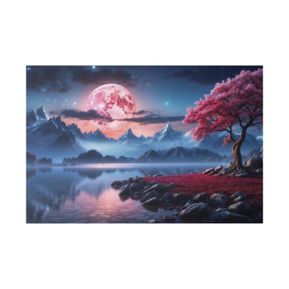 Landscape painting of a pink moon over blue mountains, a calm lake, and a pink-leaved tree on a rocky shore.