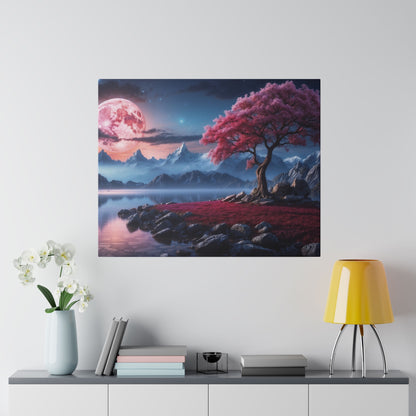Square wall art depicting a surreal landscape: a pink moon over blue mountains, a pink-leaved tree by a lake with rocks.