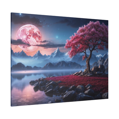 A surreal landscape with a large pink moon over jagged mountains, a pink-leaved tree by a rocky shoreline, beside a calm lake.
