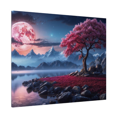 Surreal landscape featuring a pink moon, blue mountains, and a pink flowering tree on a rocky shore beside a calm lake.