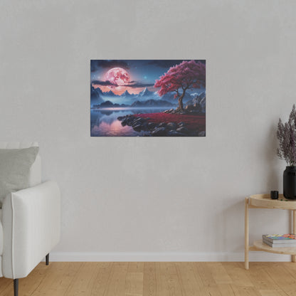 Framed landscape wall art showing a pink-leaved tree by a lake with mountains and a pink moon.