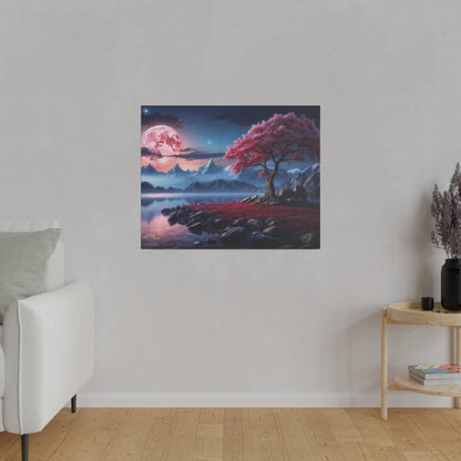 Square wall art showing a pink moon over blue mountains, a pink-leaved tree by a reflective lake and rocky shore.