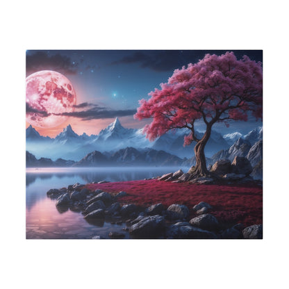 A surreal landscape with a pink full moon, snowy mountains, a pink-blossomed tree by a calm lake, and rocky shoreline.