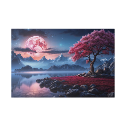 Fantasy landscape featuring a large pink moon over blue mountains, with a pink blossom tree beside a rocky shoreline and calm lake.