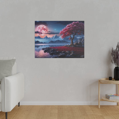 Canvas wall art showing a pink moon over blue mountains, a pink-leaved tree by a lake with rocky shoreline.