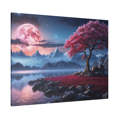 Surreal landscape with a large pink moon over jagged mountains, a pink-leaved tree by a rocky shore, and a calm reflecting lake.