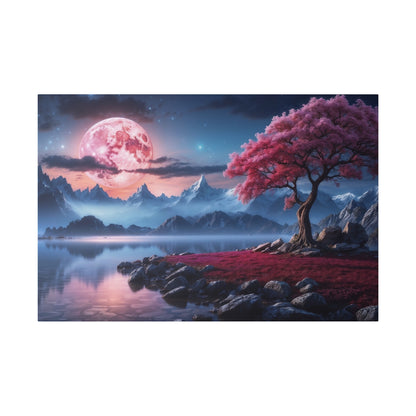 Landscape scene with a large pink moon behind jagged mountains, a pink blossoming tree by a calm lake, and a rocky shoreline.