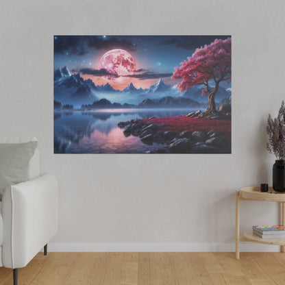 Wall art showing a pink moon over blue mountains, a calm lake, and a pink blossoming tree on a rocky shore.