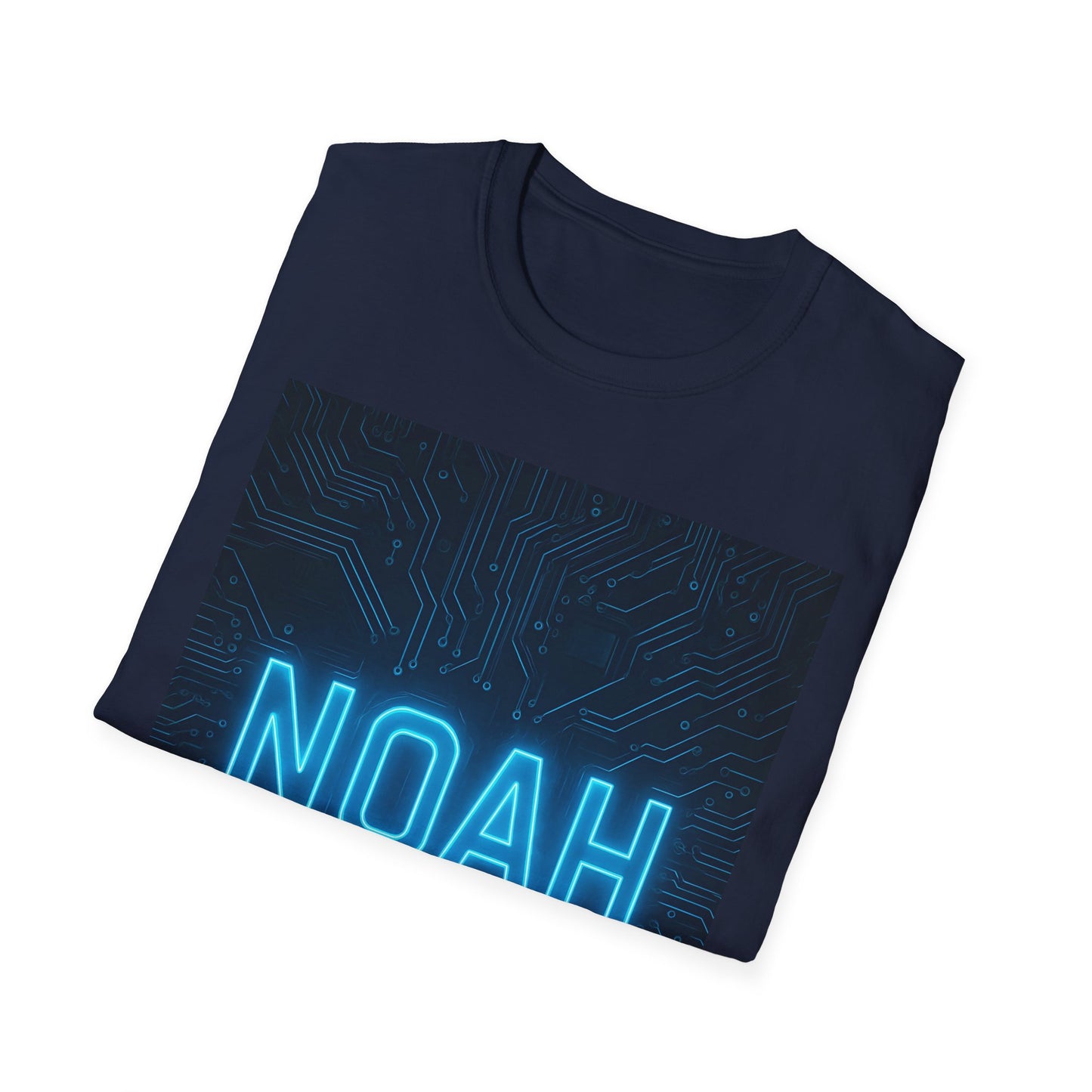 Navy t-shirt featuring a rectangular blue neon circuit-board graphic with the word NOAH in glowing letters.