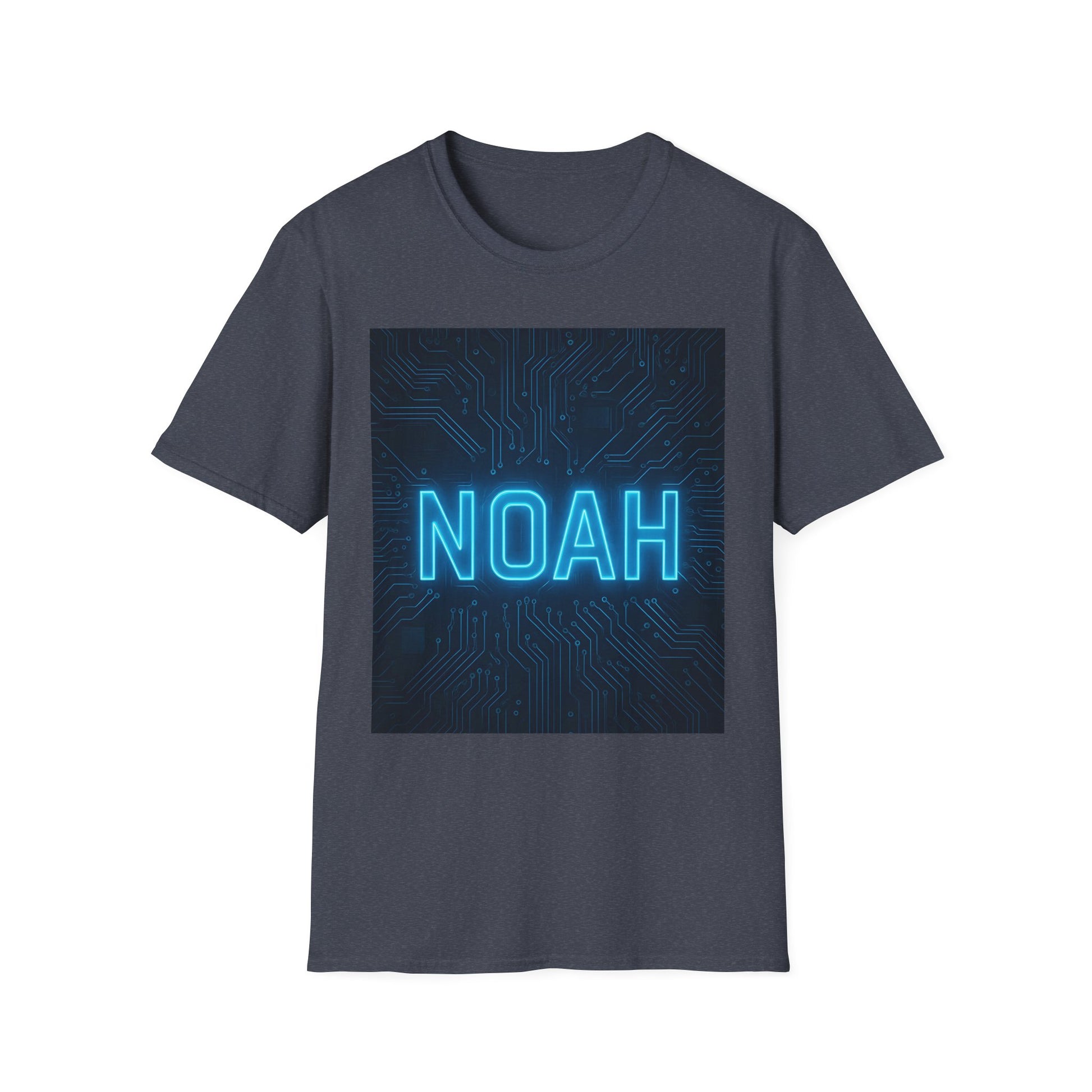 Dark gray T-shirt featuring a square graphic of a blue circuit board pattern and neon blue "NOAH" text.