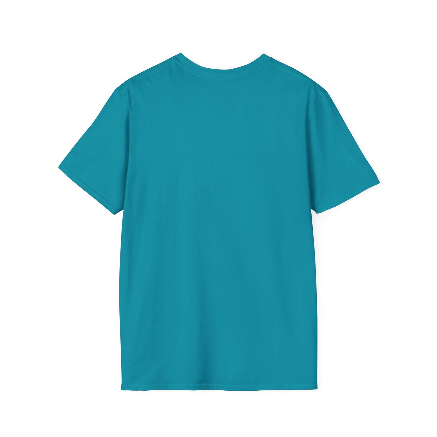 Back view of a teal short-sleeve T-shirt with a solid color.