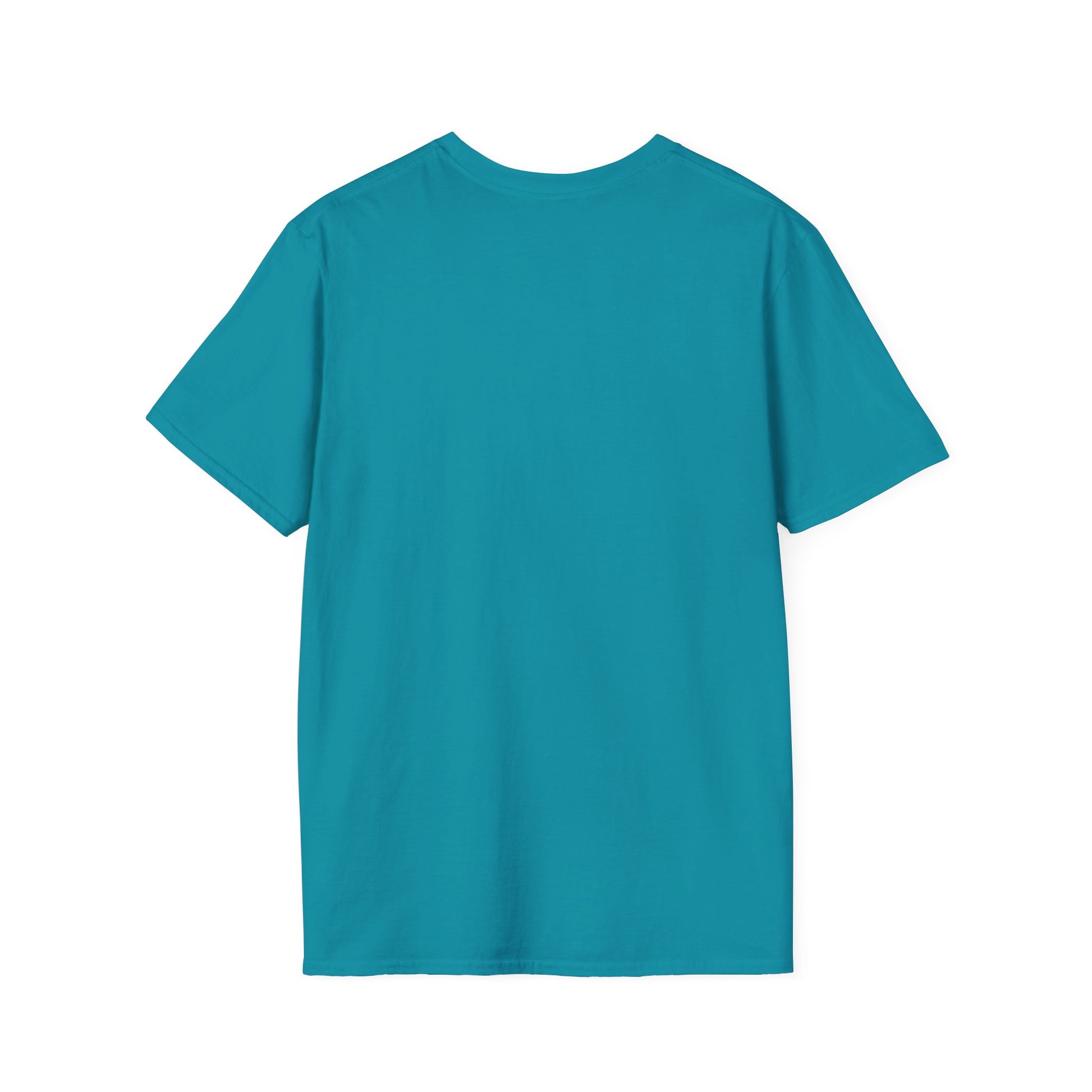 Back view of a teal short-sleeve T-shirt with a solid color.