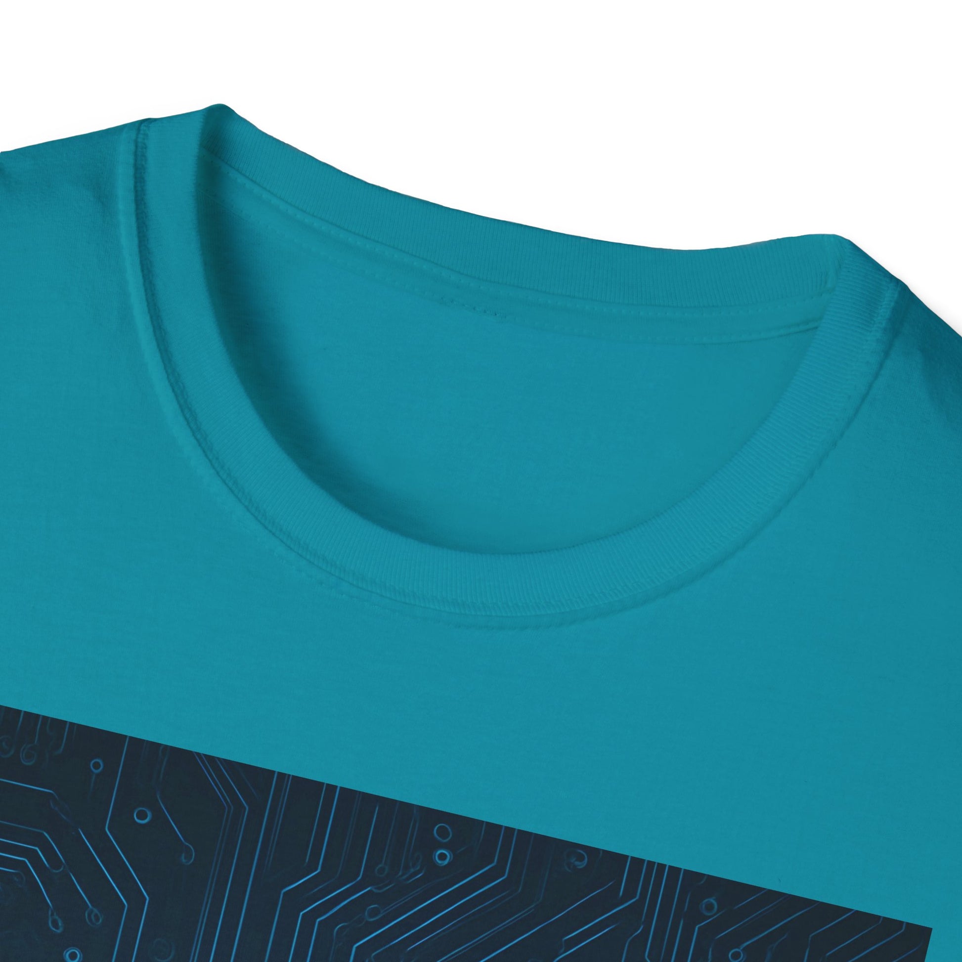 Turquoise crew-neck T-shirt with a dark blue circuit-board pattern along the lower front.
