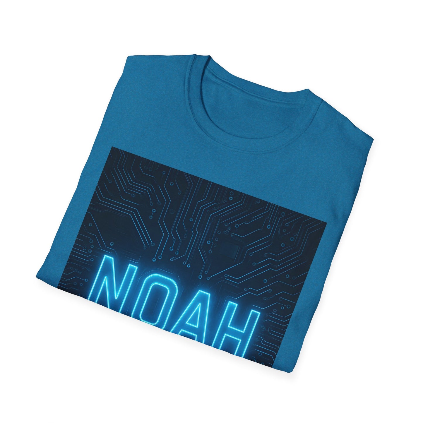 Blue T-shirt folded, featuring a dark circuit-board panel with bright neon blue "NOAH" text.