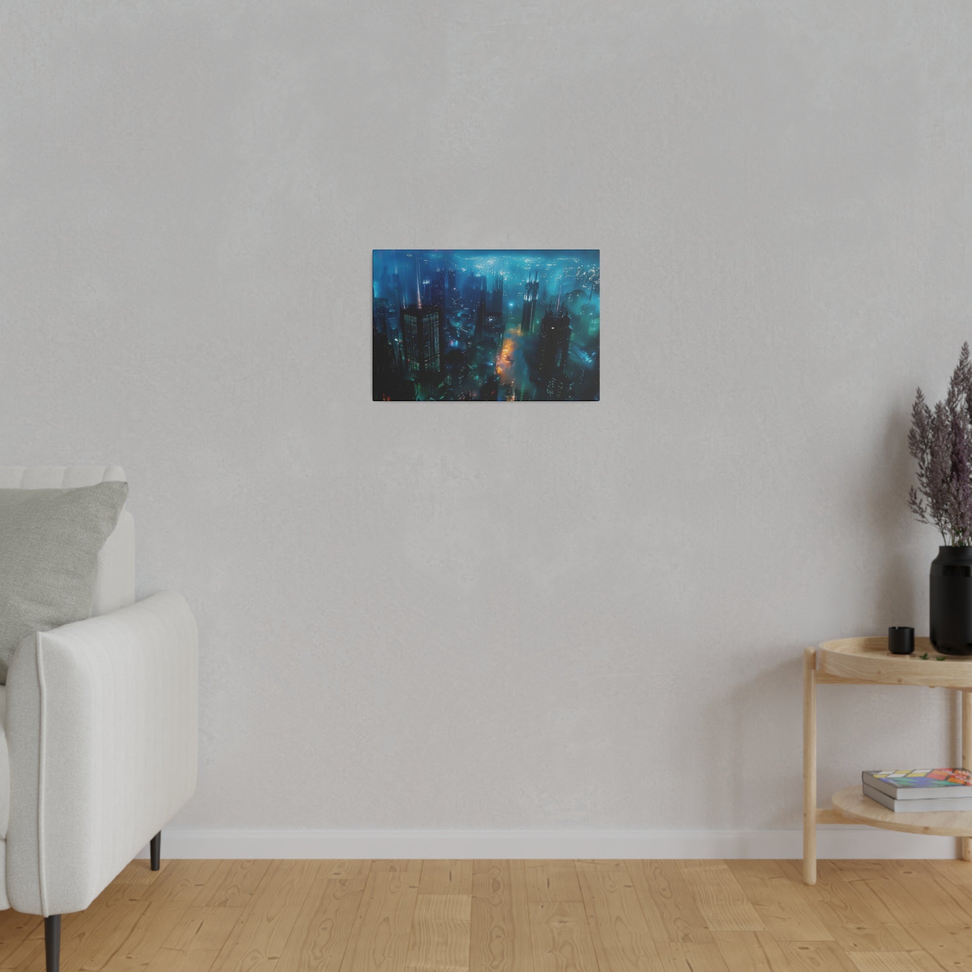 Small rectangular painting of a neon blue cityscape mounted on a light gray wall in a minimalist living room.