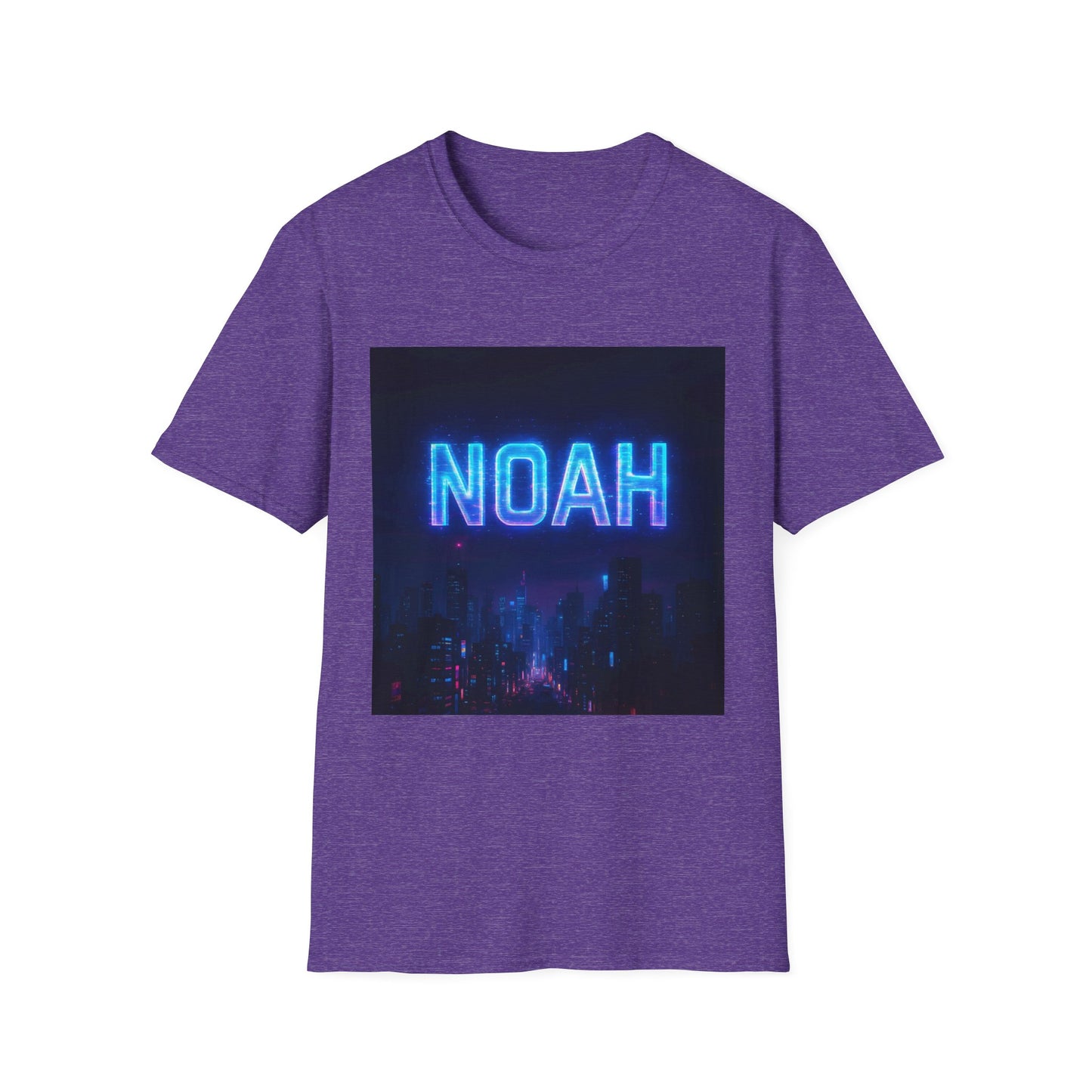 Purple heather t-shirt featuring a square graphic of a neon blue NOAH sign over a city skyline.