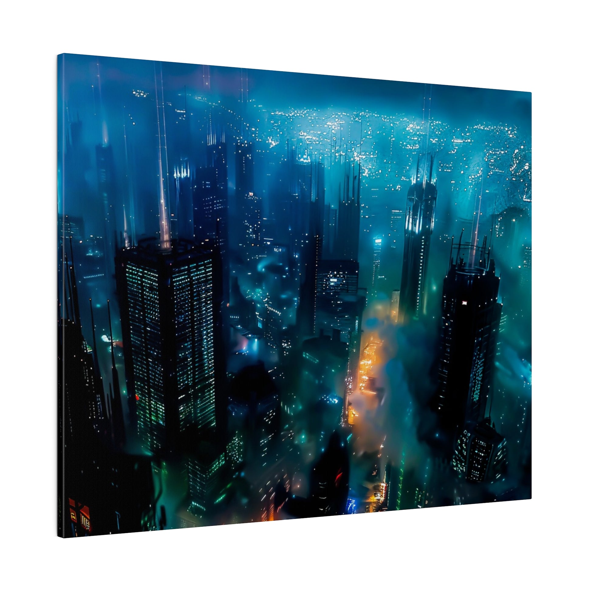 Aerial view of a neon-lit futuristic city at night with tall glass skyscrapers and blue-green fog.