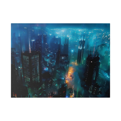 Night cityscape of tall glass skyscrapers glowing blue and teal, with fog and neon lights above a dense urban skyline.