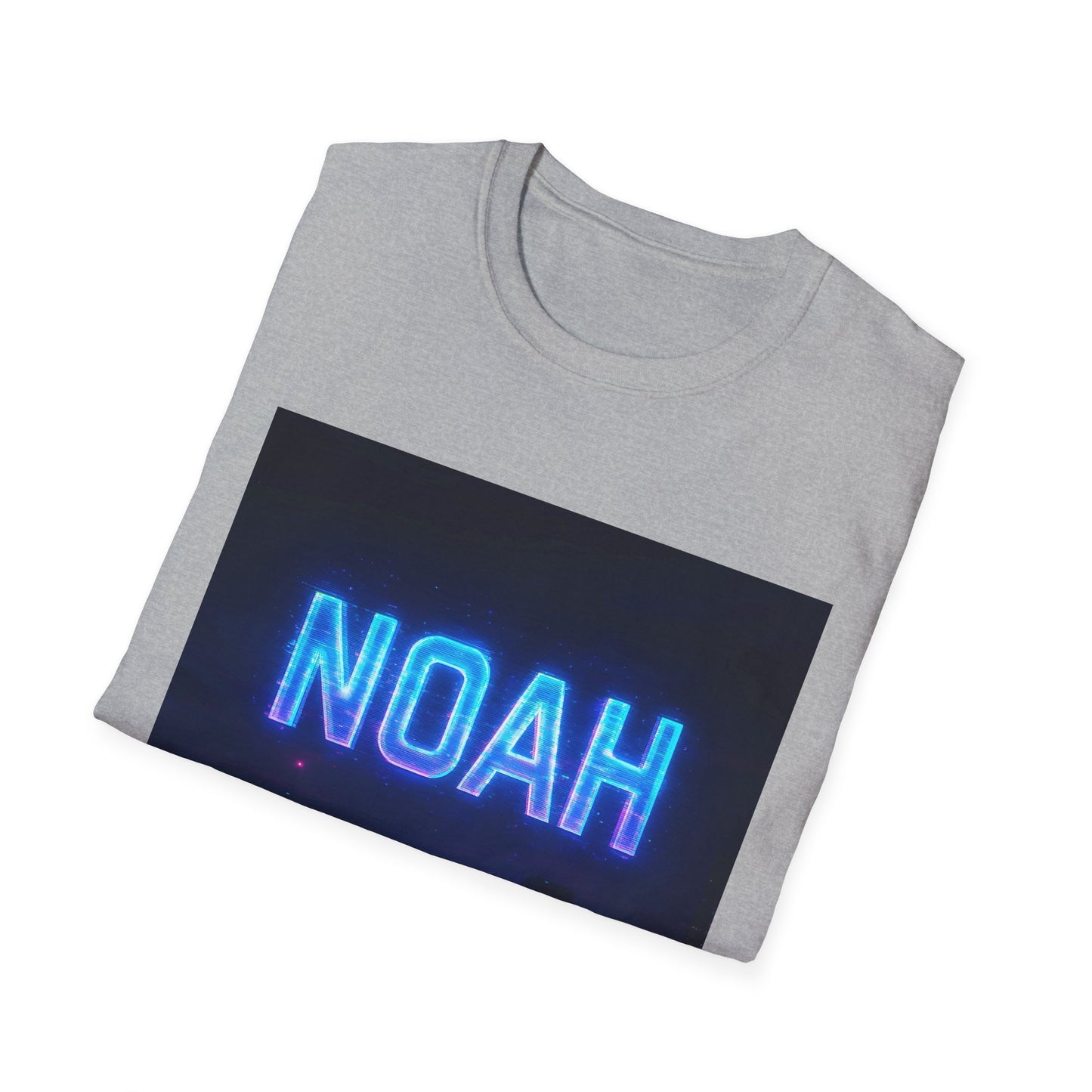 Light gray crewneck T-shirt folded with a dark rectangular graphic featuring neon blue "NOAH" lettering.