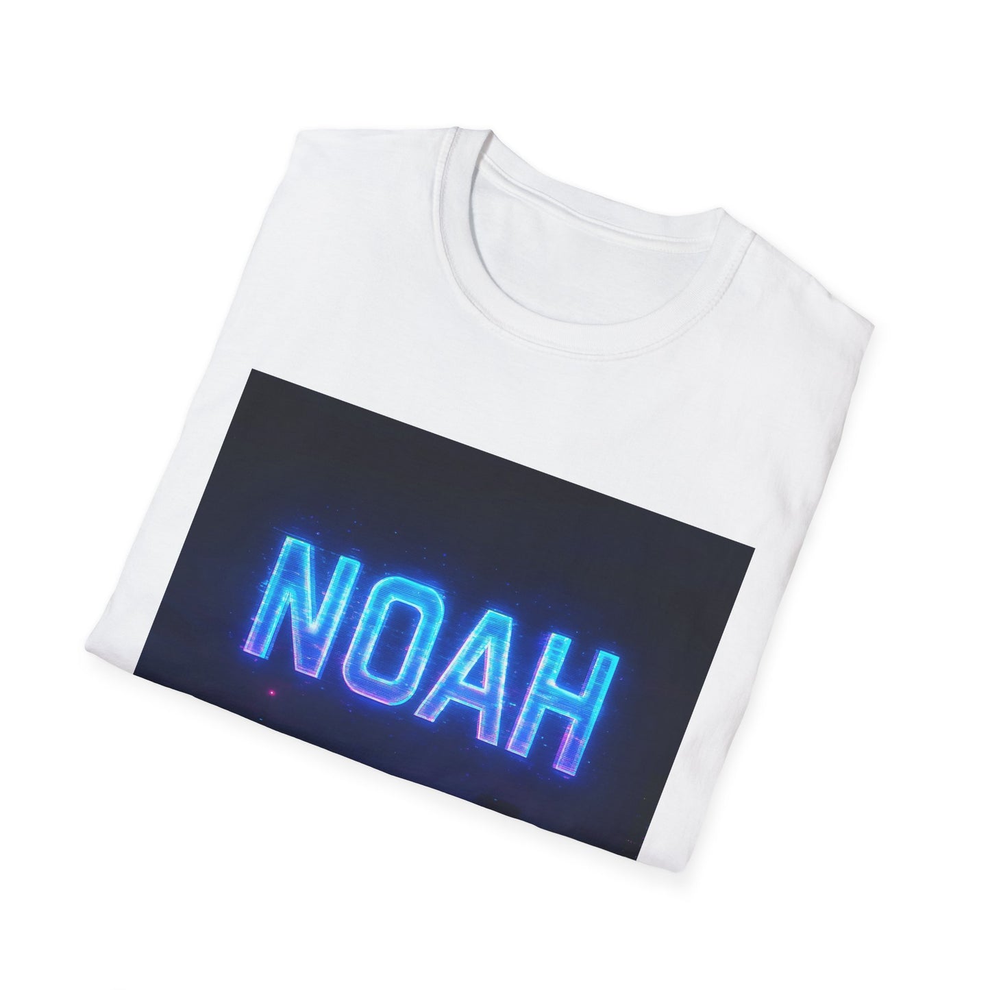 White crewneck t-shirt featuring a dark navy rectangle with neon-blue "NOAH" lettering.