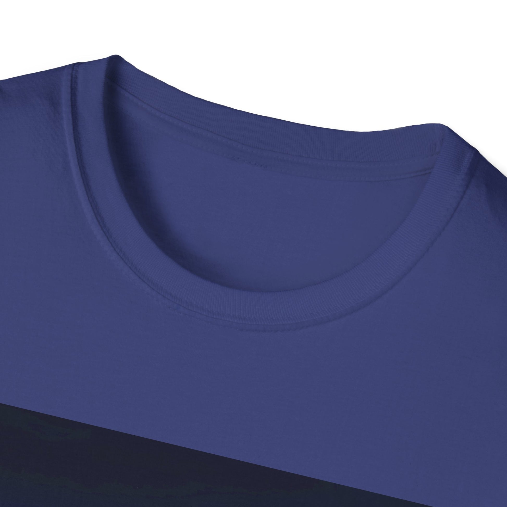 Close-up view of a blue crew-neck T-shirt neckline with a ribbed collar.