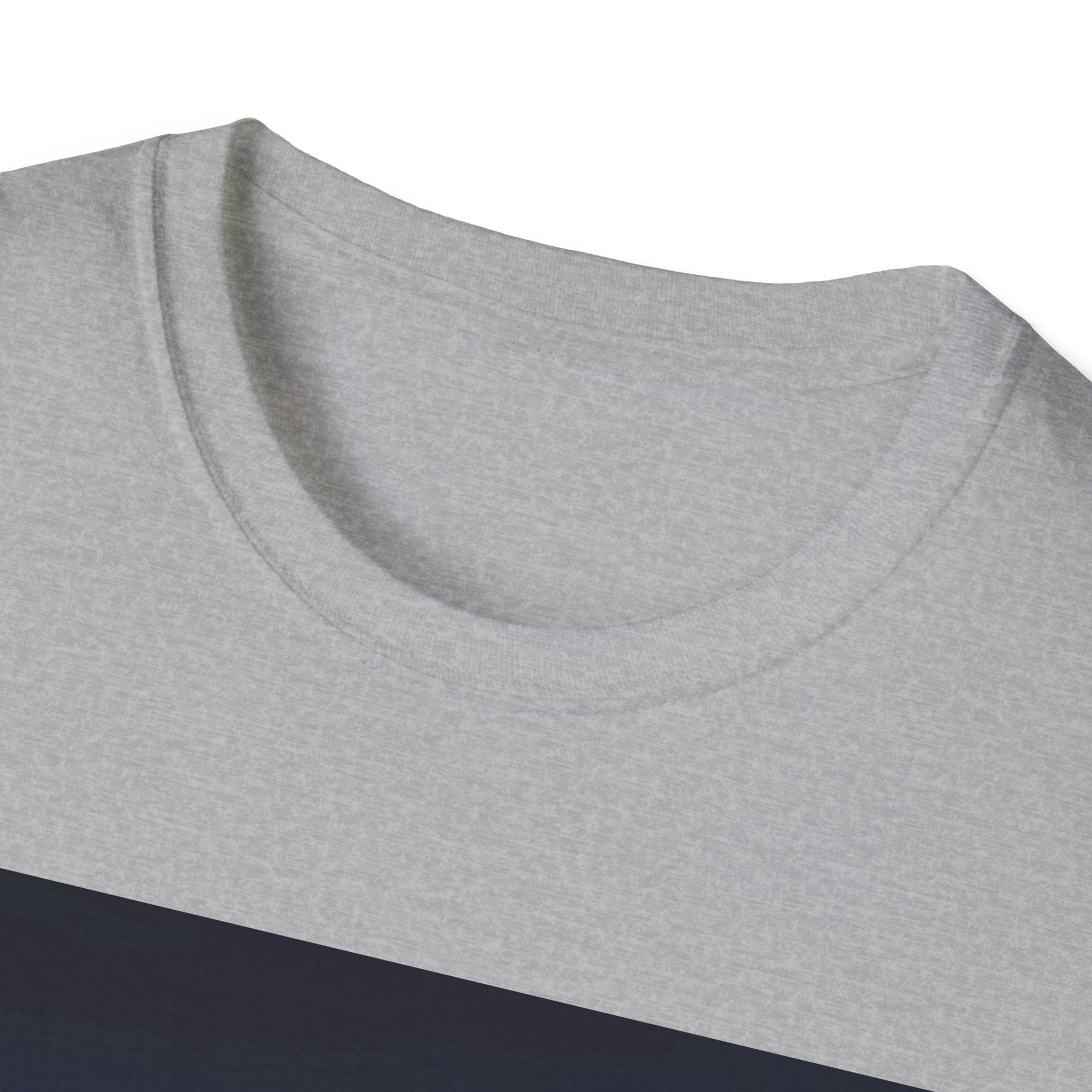 Close-up of a light gray heather crew-neck T-shirt showing a dark navy color-block across the lower portion.