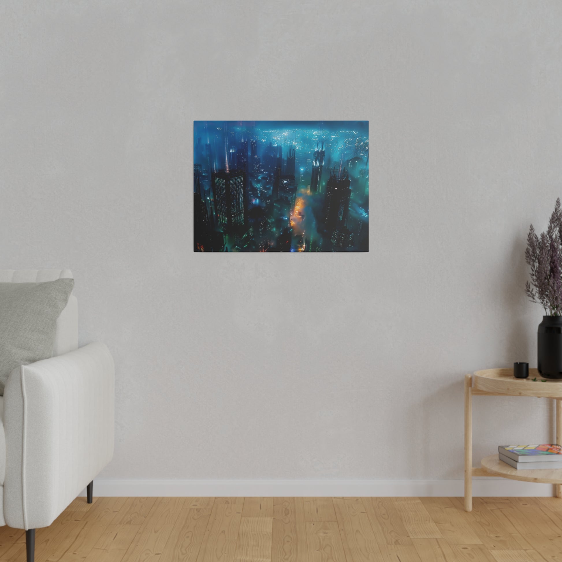 Blue and teal urban cityscape print hung on a light gray wall above a beige sofa in a minimal living room.