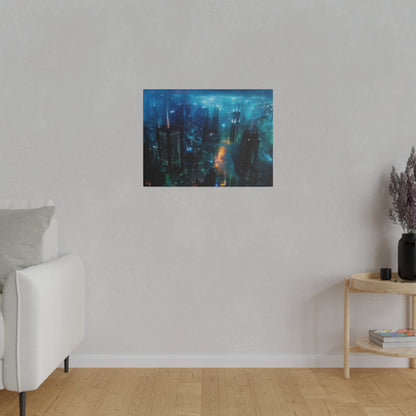 Blue and teal urban cityscape print hung on a light gray wall above a beige sofa in a minimal living room.